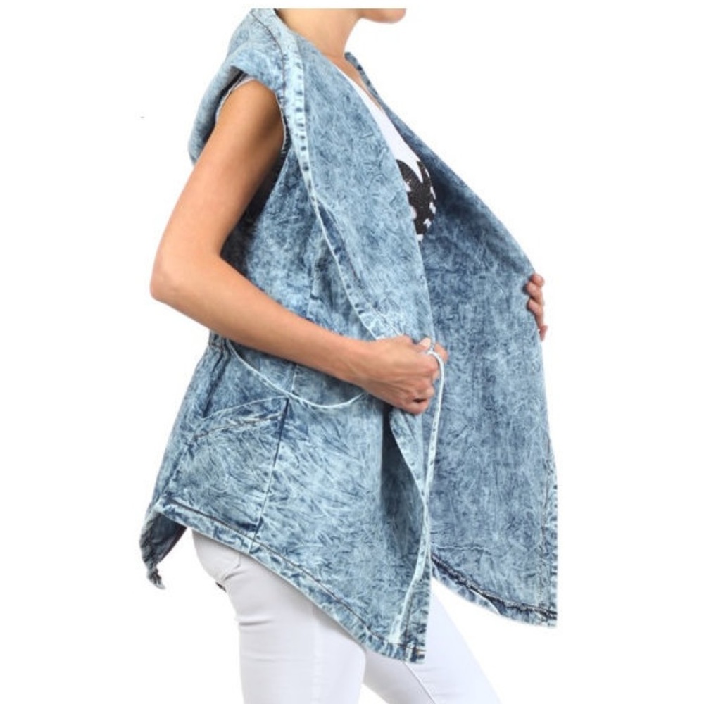 Acid Wash Hoodie Denim Trench Jean Vest Jacket - Picture 4 of 7
